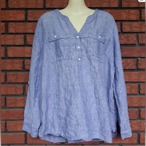 Talbots 100% Linen Top Sz XL Button Front Popover Long Sleeve Blue Coastal